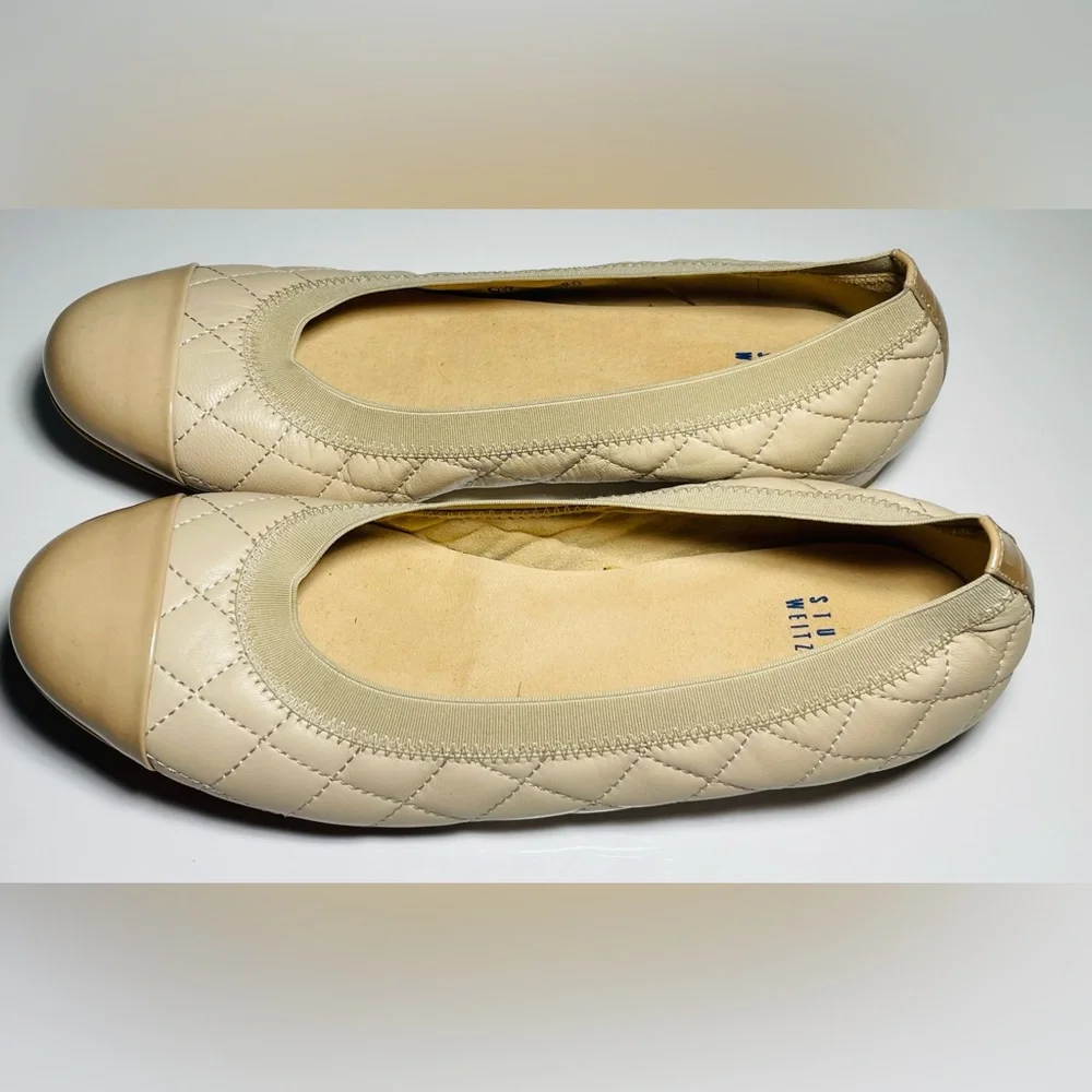 STUART WEITZMAN AUTH $299 Women's Beige Napa Leather Quiltable Flat Shoes Sz 7.5 - Picture 3 of 14